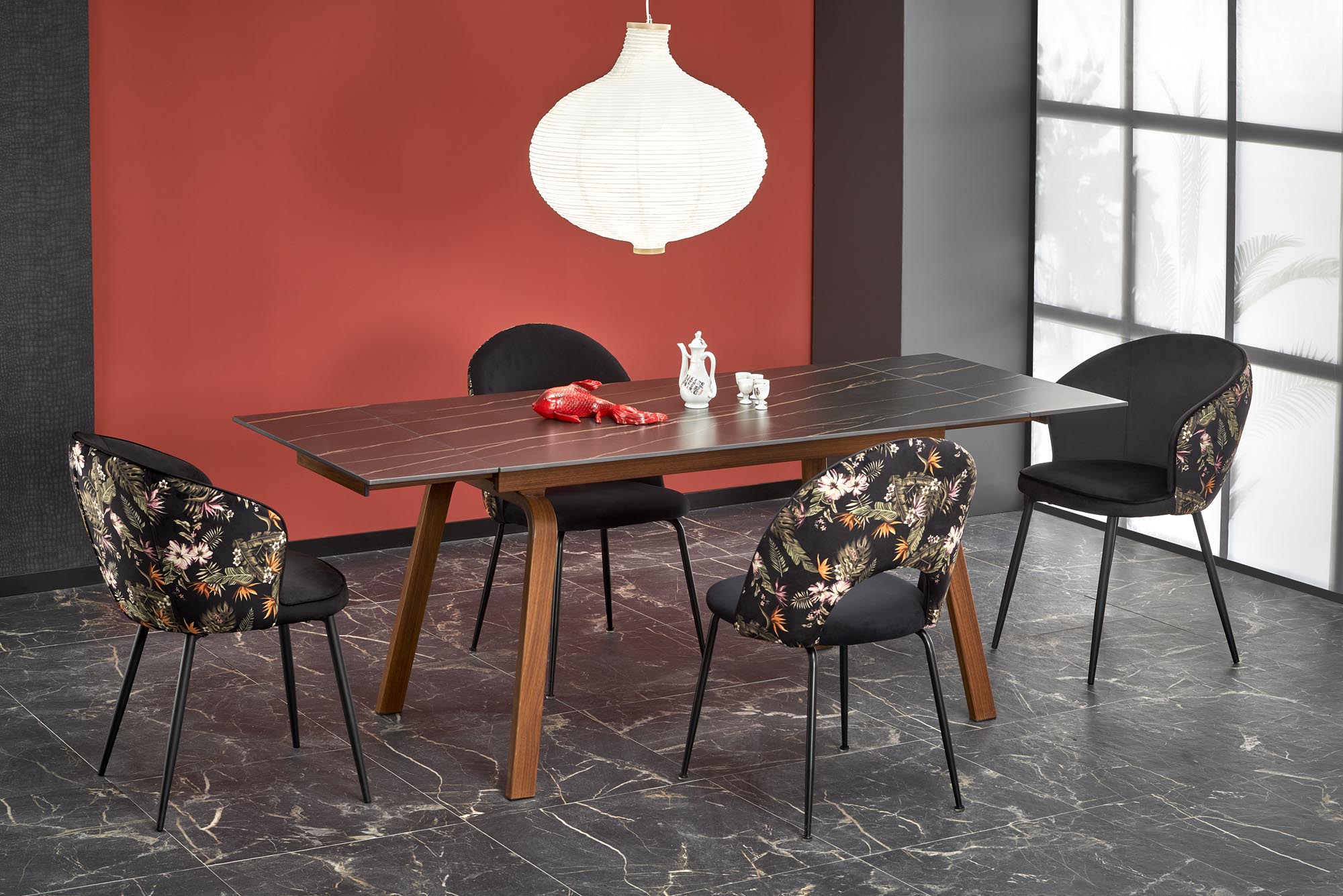 Mesa extensível LOZANO - preto mármore / nogueira, 140-200cm