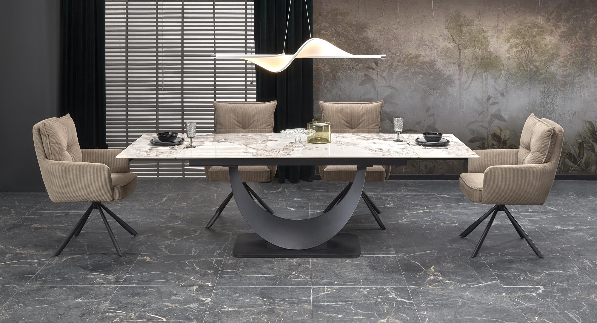 Mesa extensível FERNANDO - branco mármore / preto, 160-240cm