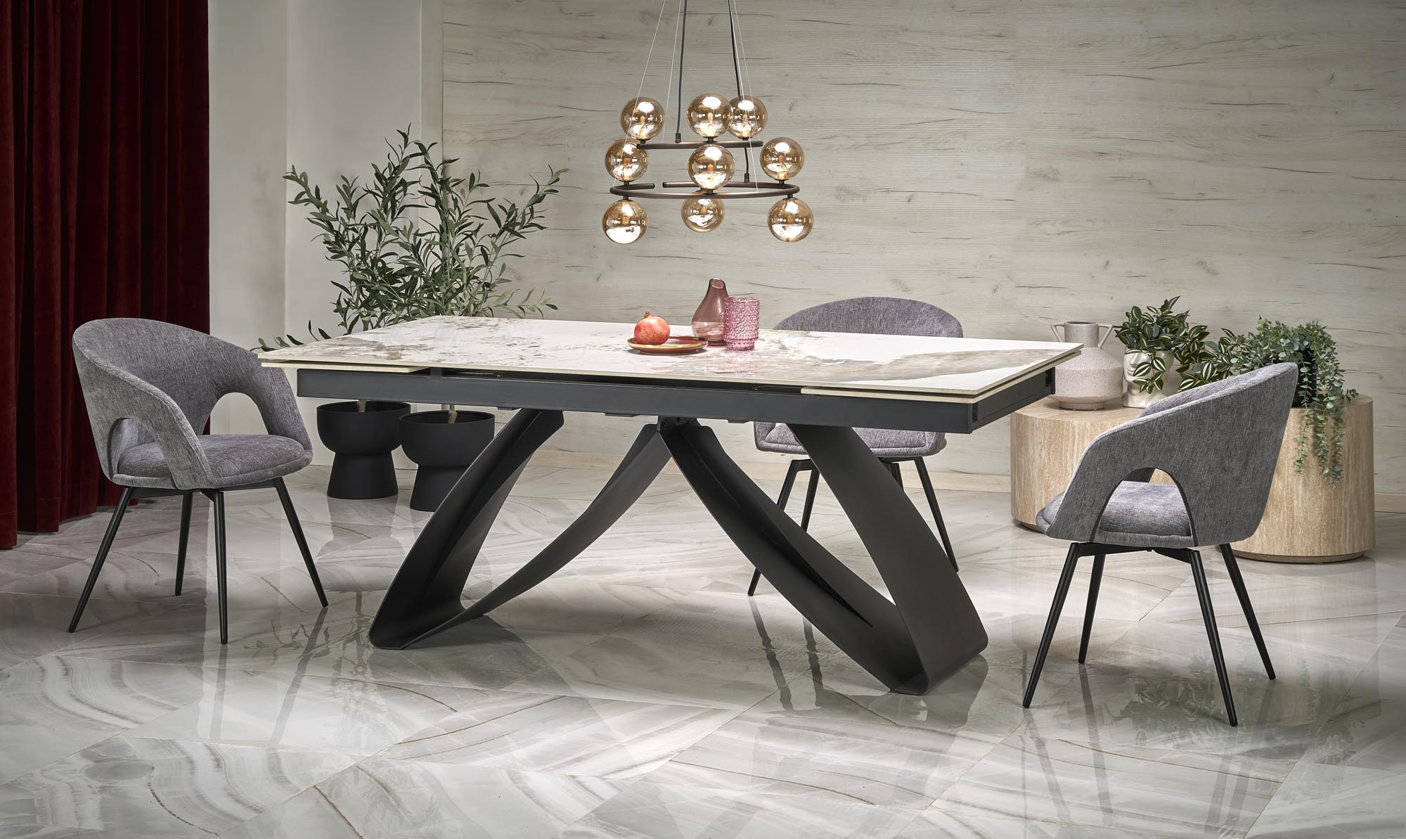 Mesa extensível HILARIO - branco mármore / preto, 180-260cm