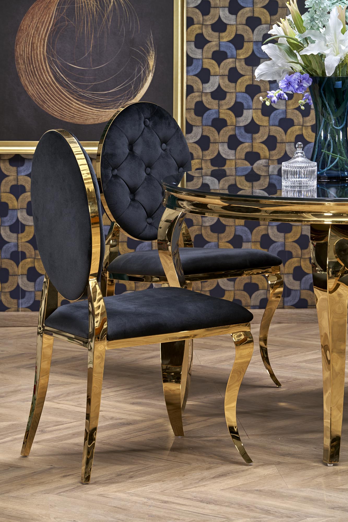 Mesa de jantar REGINALD 2 - preto transparente / dourado, 120cm - Image 6