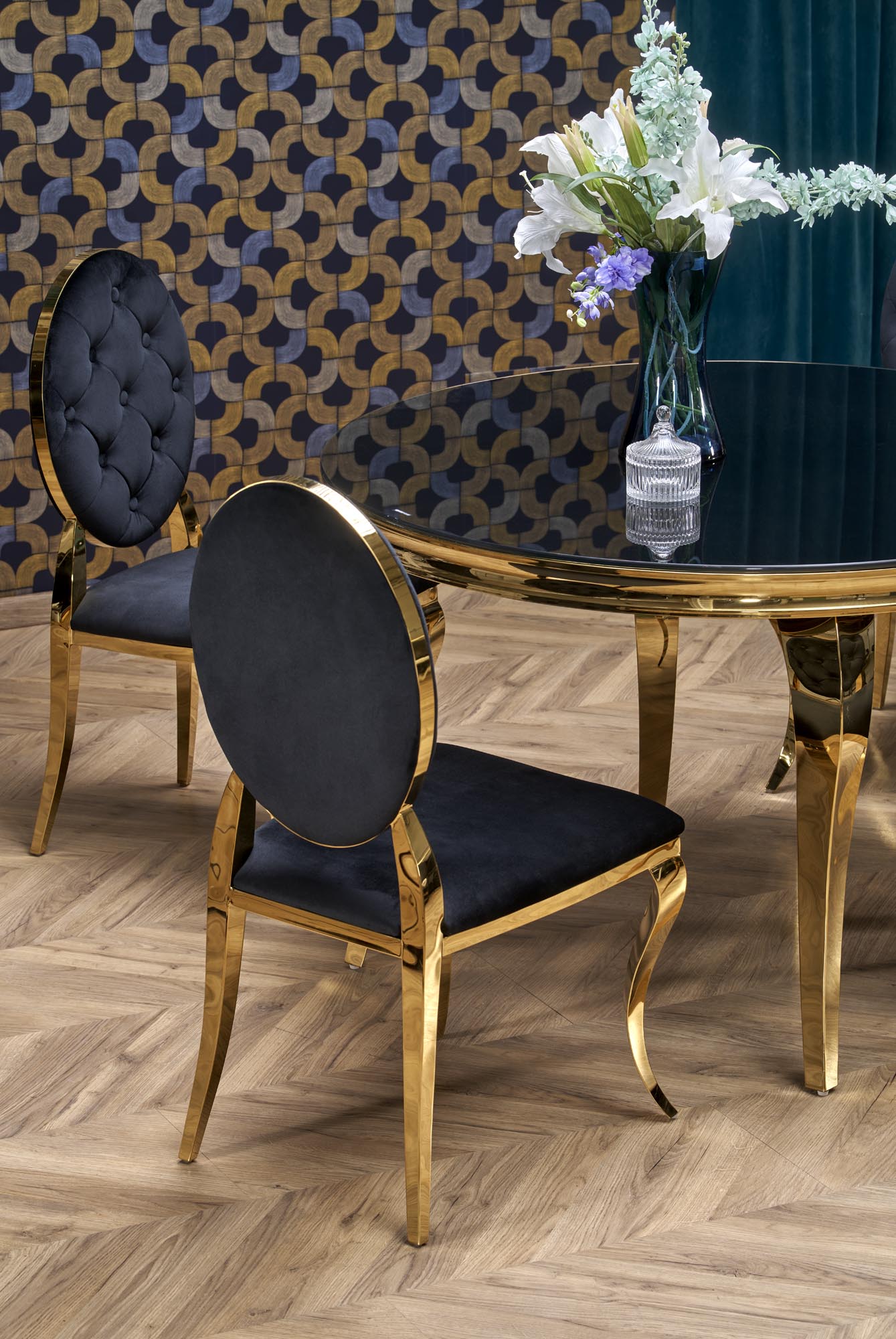 Mesa de jantar REGINALD 2 - preto transparente / dourado, 120cm - Image 7