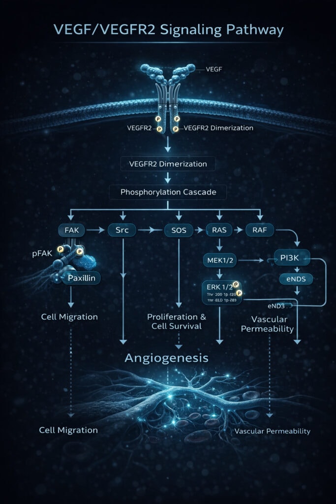A clean scientific infographic diagram showing the VEGF/VEGFR2 signaling pathway at the cellular level — receptor phosphorylation cascade, FAK-paxillin complex activation, ERK1/2 pathway, and downstream angiogenesis. Dark navy background with blue and teal accent colors. Labeled molecular diagram style.