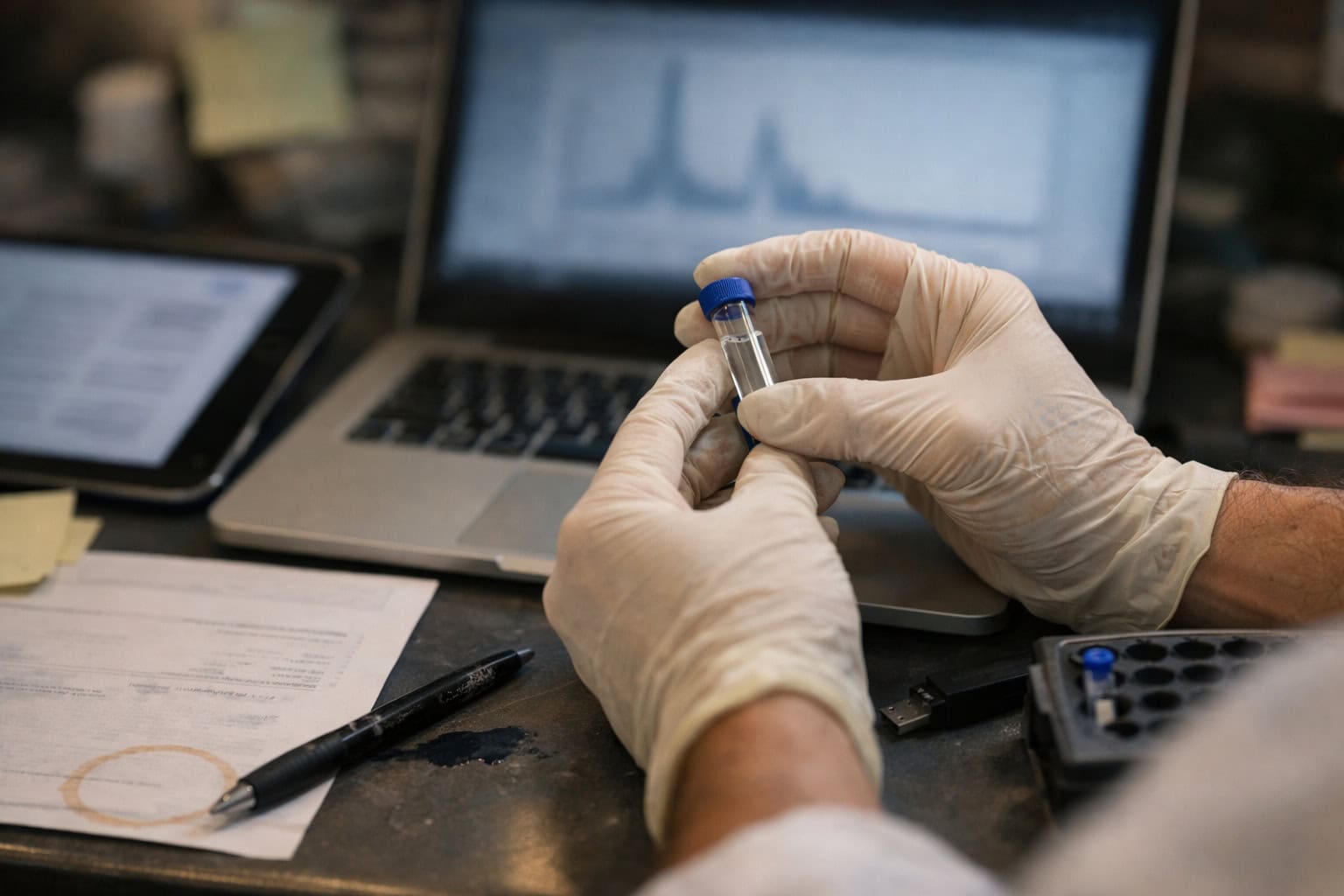 Hands holding a vial while cross-checking a chromatogram and COA on a laptop at a Trustworthy Peptide Lab verification workstation