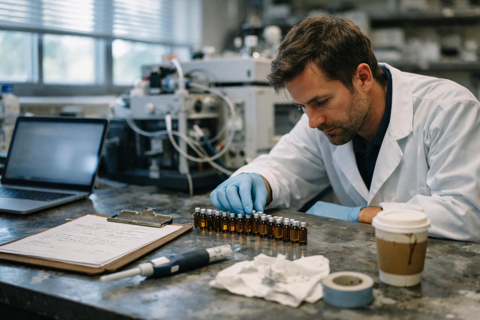 Researcher examining small vials and equipment on a lab bench in a working environment, illustrating a Trustworthy Peptide Lab evaluation