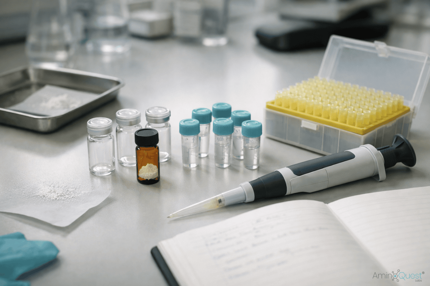 Research bench with teal-capped vials and peptide powder illustrating steps to buy peptides bpc 157 for research