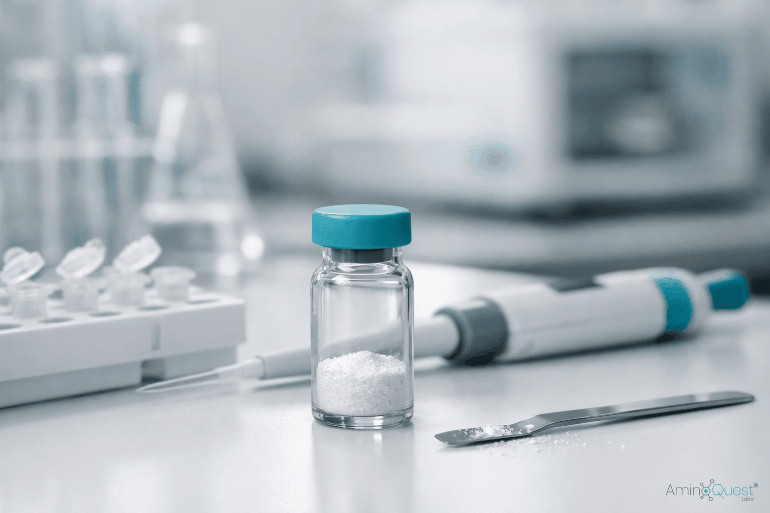 Close-up of a research peptide vial with teal cap on a modern lab bench, illustrating research peptides tirzepatide in an in vitro research setting