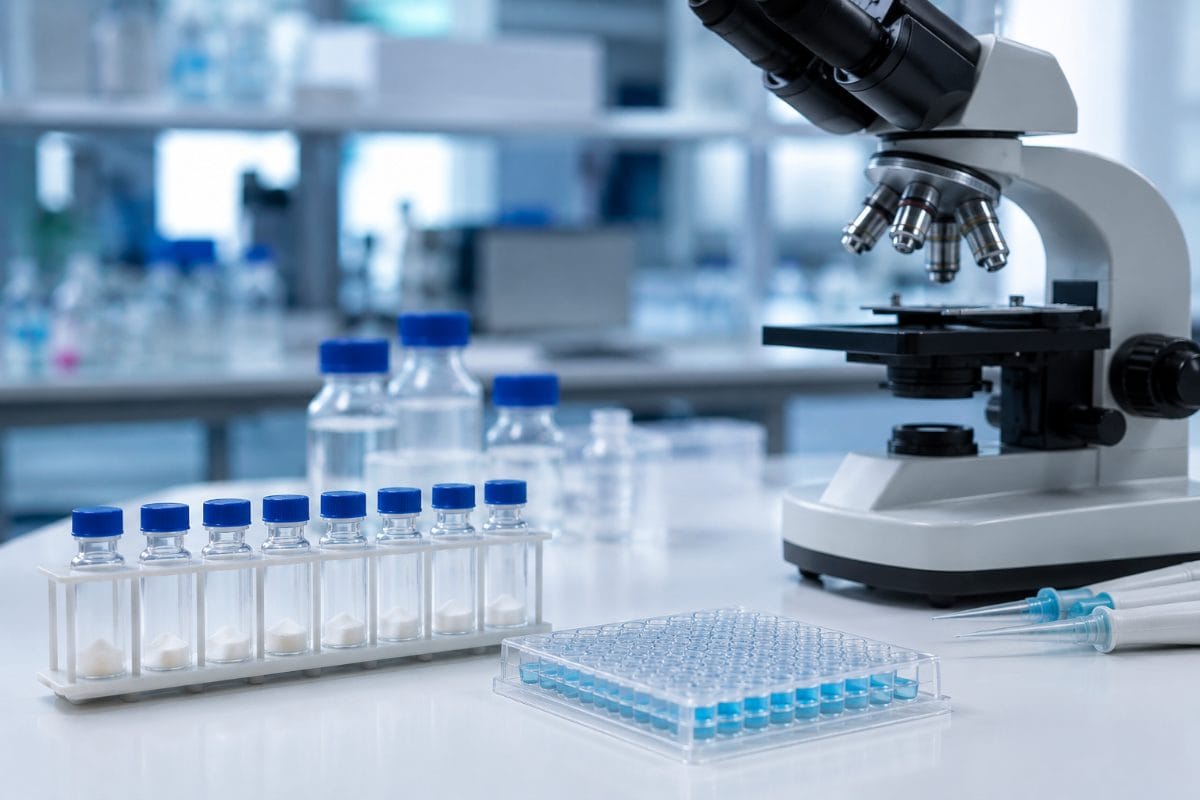 Immunology research laboratory bench with peptide vials, microplate and microscope