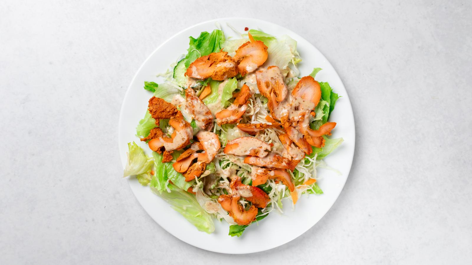 Chicken Tikka Salad with grilled chicken, fresh lettuce, cucumbers, onions, and tomatoes