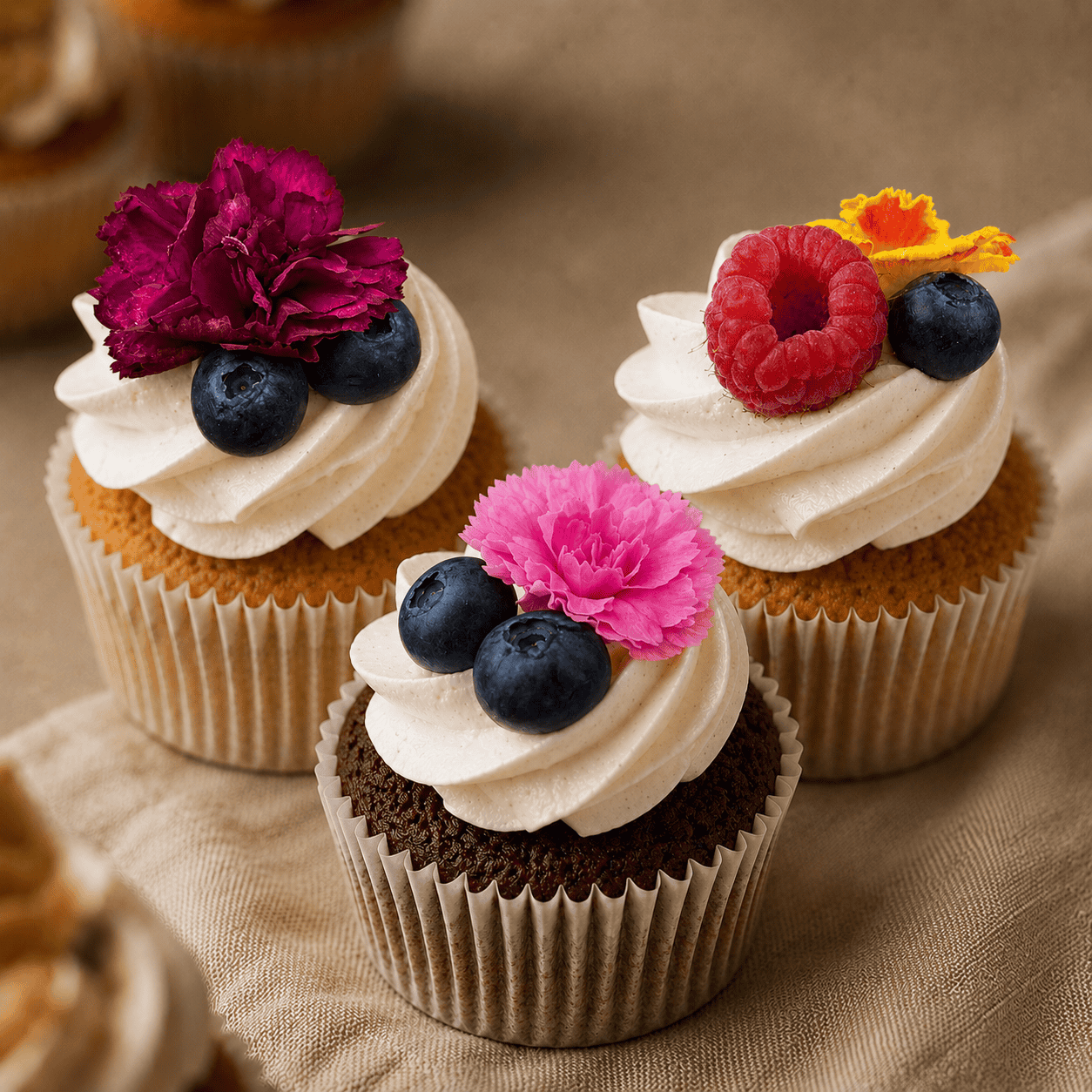 Bruiloft cupcakes met bloemen en fruit