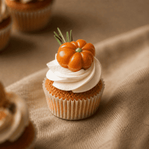 Decoratieve mini cupcake met pompoen en room, perfect voor Thanksgiving.