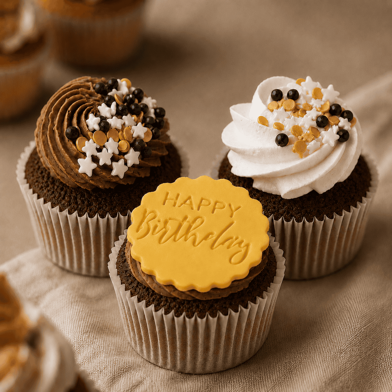 Vegan en glutenvrije Happy Birthday Great Gatsby cupcakes