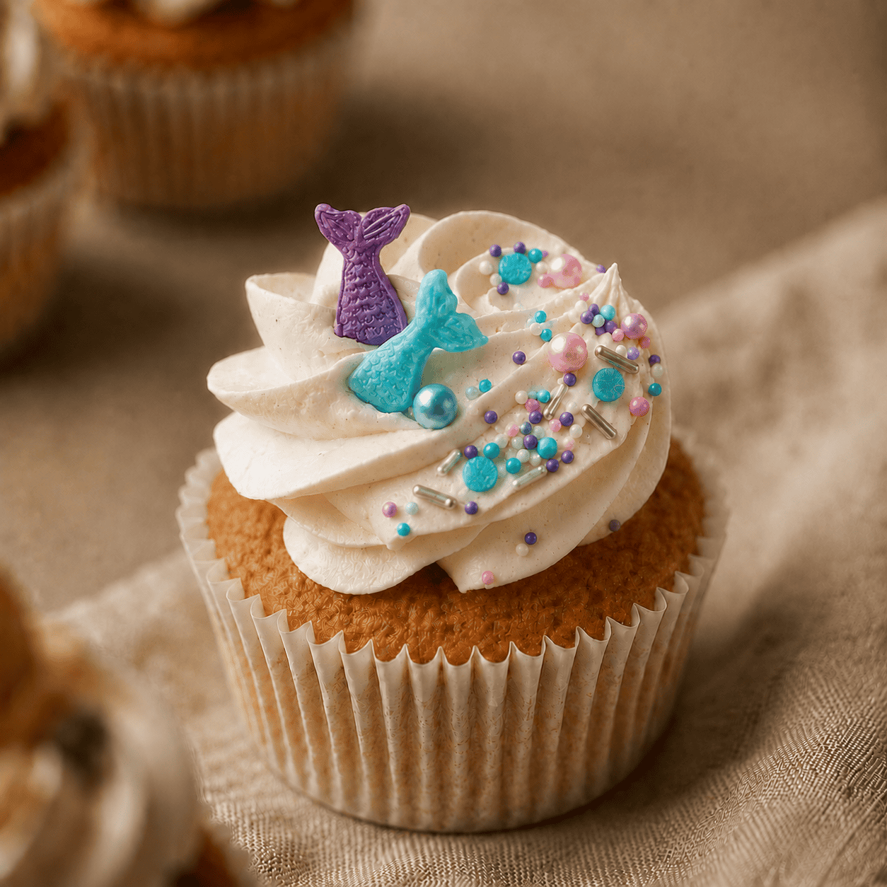 Zeemeermin cupcake met staarten en sprinkels