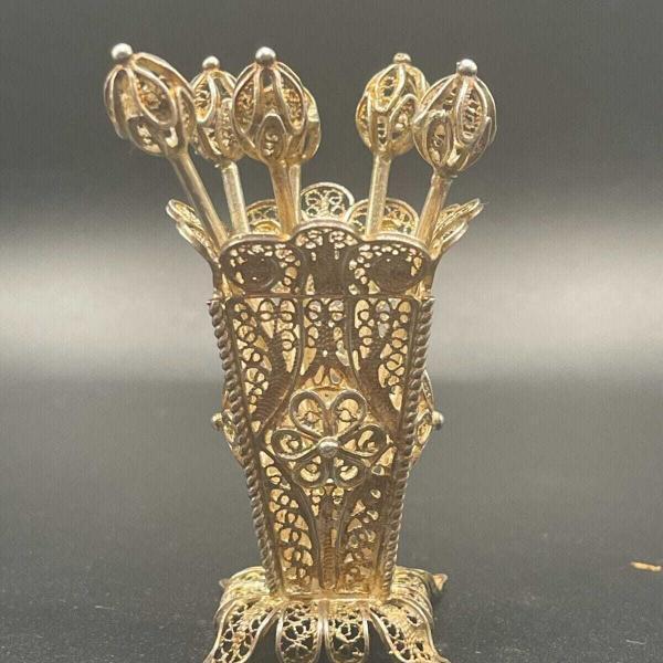 Vintage Silver Plated Cocktail Forks with Ornate Filigree Basket - Set of 6