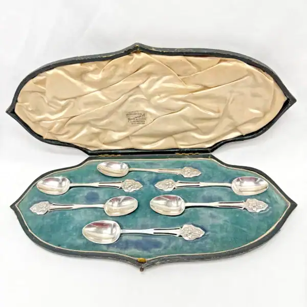 Antique Sterling Silver Teaspoons Set x6 London 1900 William Comyns Boxed Floral