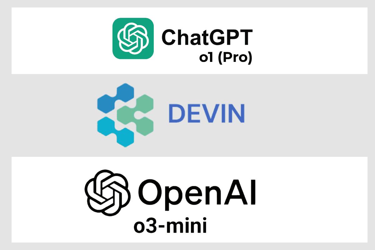 Logos for Devin, ChatGPT o3 mini, ChatGPT o1 (Pro)