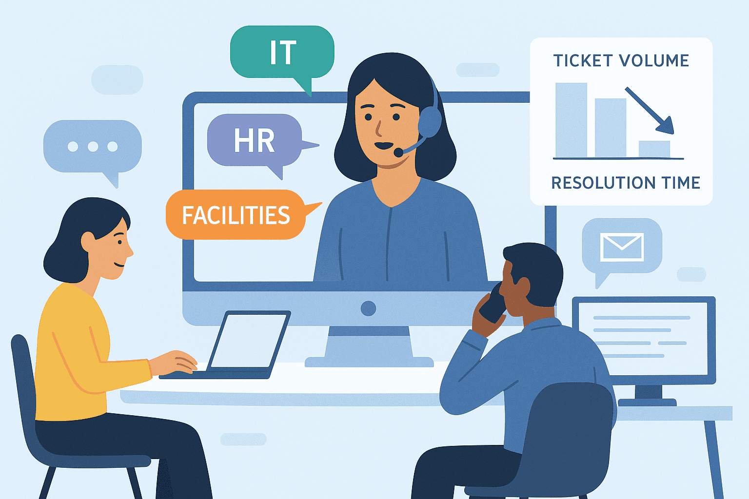 AI-powered internal support assistant helping employees resolve IT and HR issues instantly across chat, email, and phone.