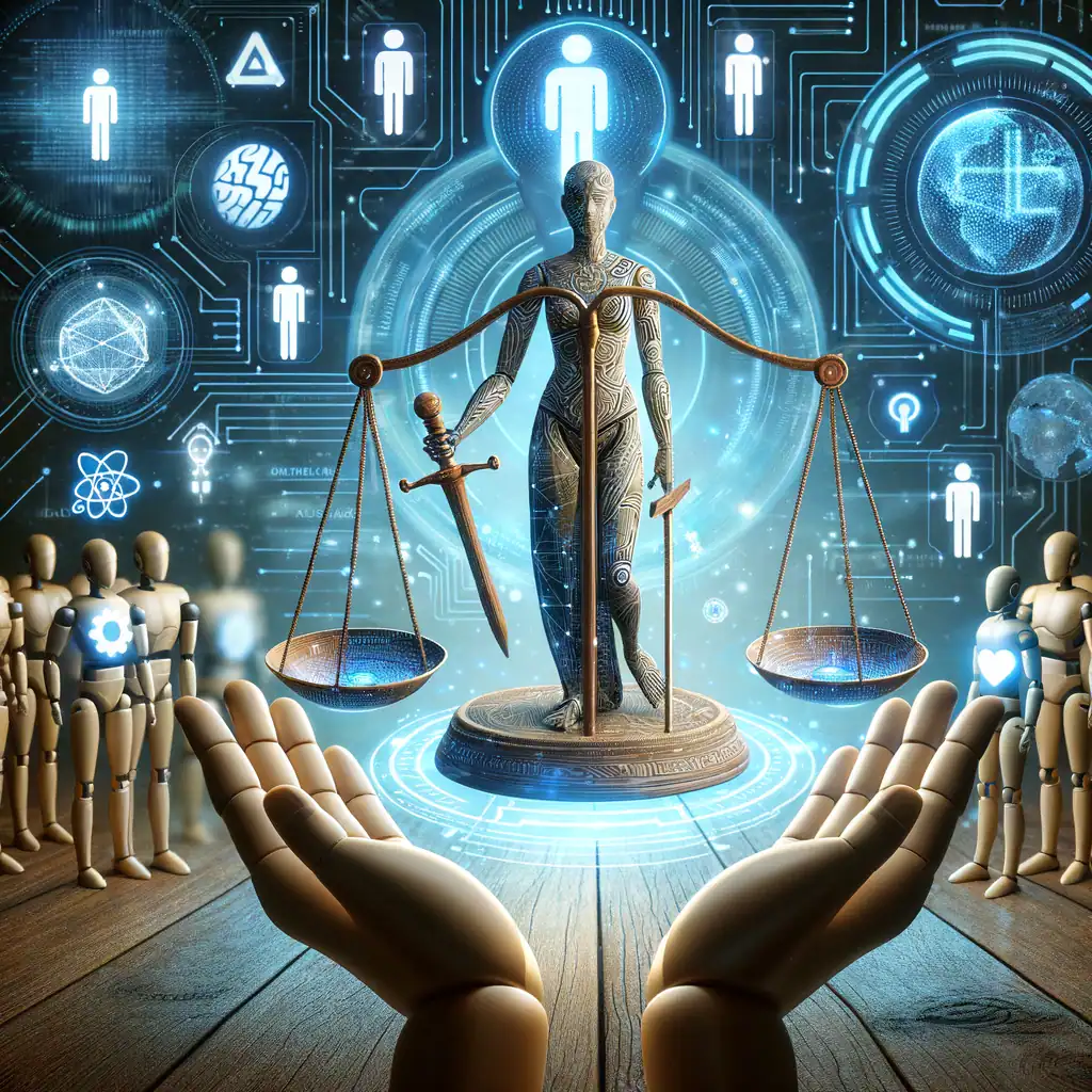A futuristic statue of Lady Justice holding scales and a sword, surrounded by digital icons and humanoid figures, symbolizing the balance of ethics in artificial intelligence.