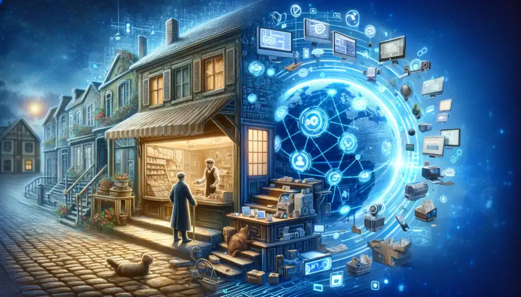 A visual representation of the transformation from traditional face-to-face customer service in a small shop to a global, digital network of communication channels.