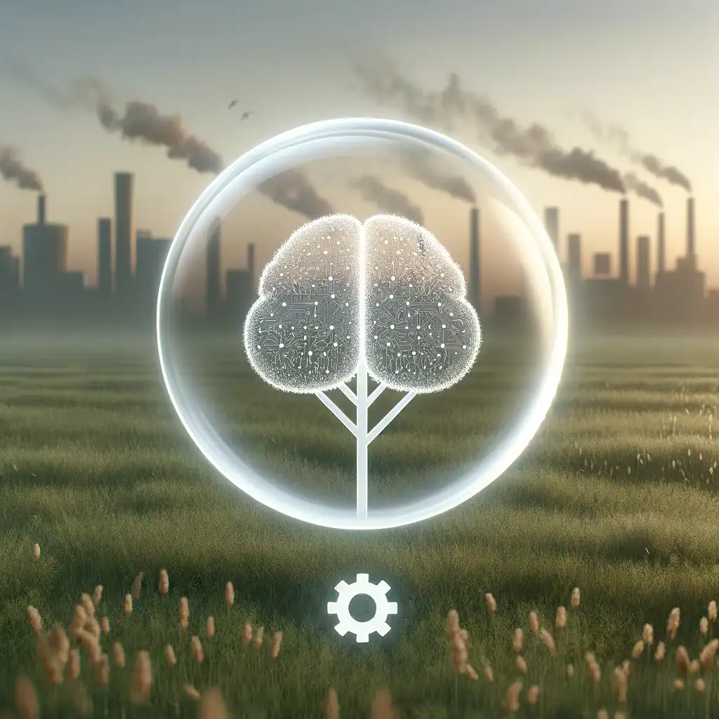 A stylized brain as a tree inside a transparent globe, set in a field with factories in the background, representing sustainable and ecological considerations in AI. A stylized brain as a tree inside a transparent globe, set in a field with factories in the background, representing sustainable and ecological considerations in AI.