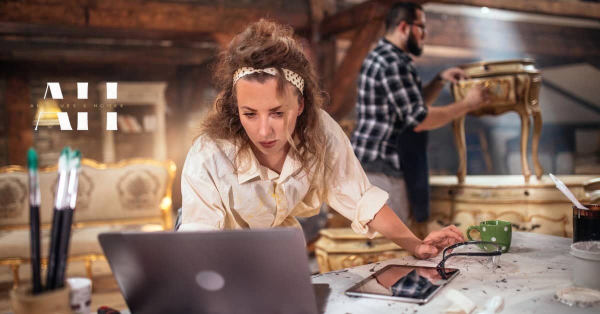 a couple him mending a table and her buying antiques online
