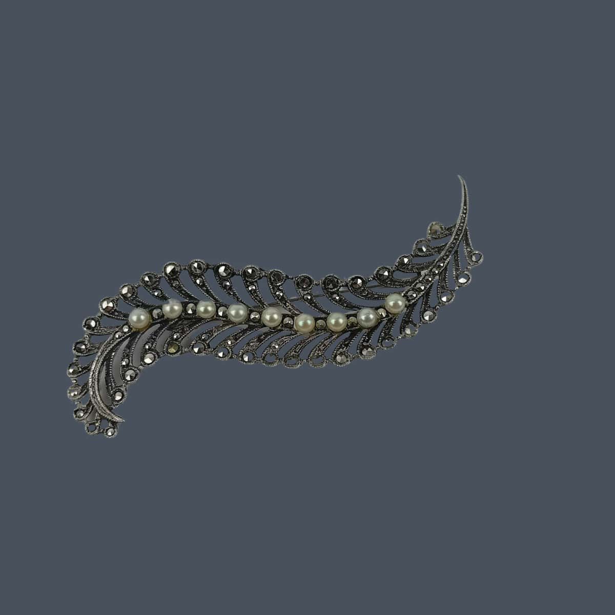 Silver and Pearl Fern Brooch – Marcasite Style, 1950s - Image 5