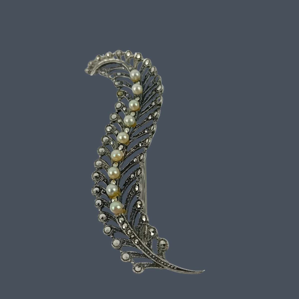 Silver and Pearl Fern Brooch – Marcasite Style, 1950s - Image 7