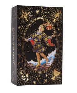 Image of gold foil tarot cards set with 78-card deck, guidebook, and black and gold celestial magnetic gift box.