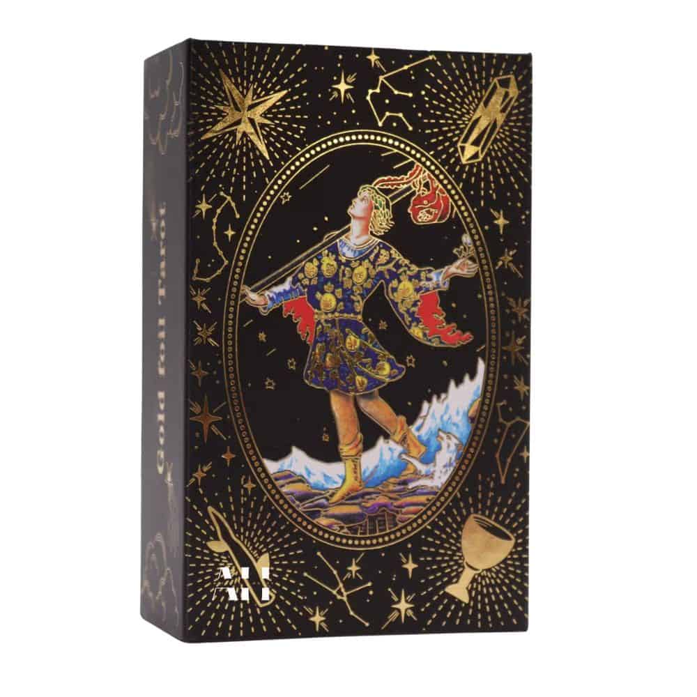 Image of gold foil tarot cards set with 78-card deck, guidebook, and black and gold celestial magnetic gift box.