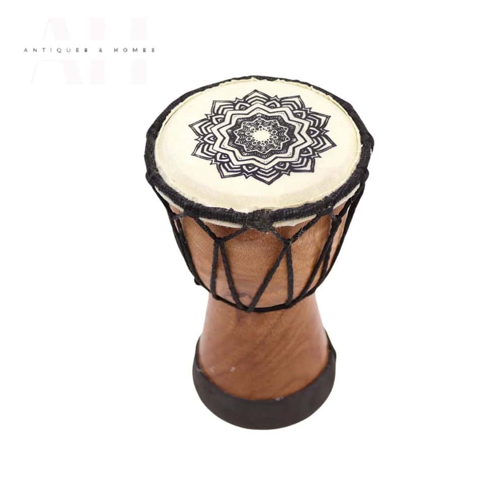 image of a wide top djembi drum 16cm accross in brown with a mandala patterned top