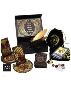 Image of Tarot Gift Set – Gold Foil Tarot with 78 gold foil cards, guidebook, pouch, mystical tools, card stands, and gold gift box.