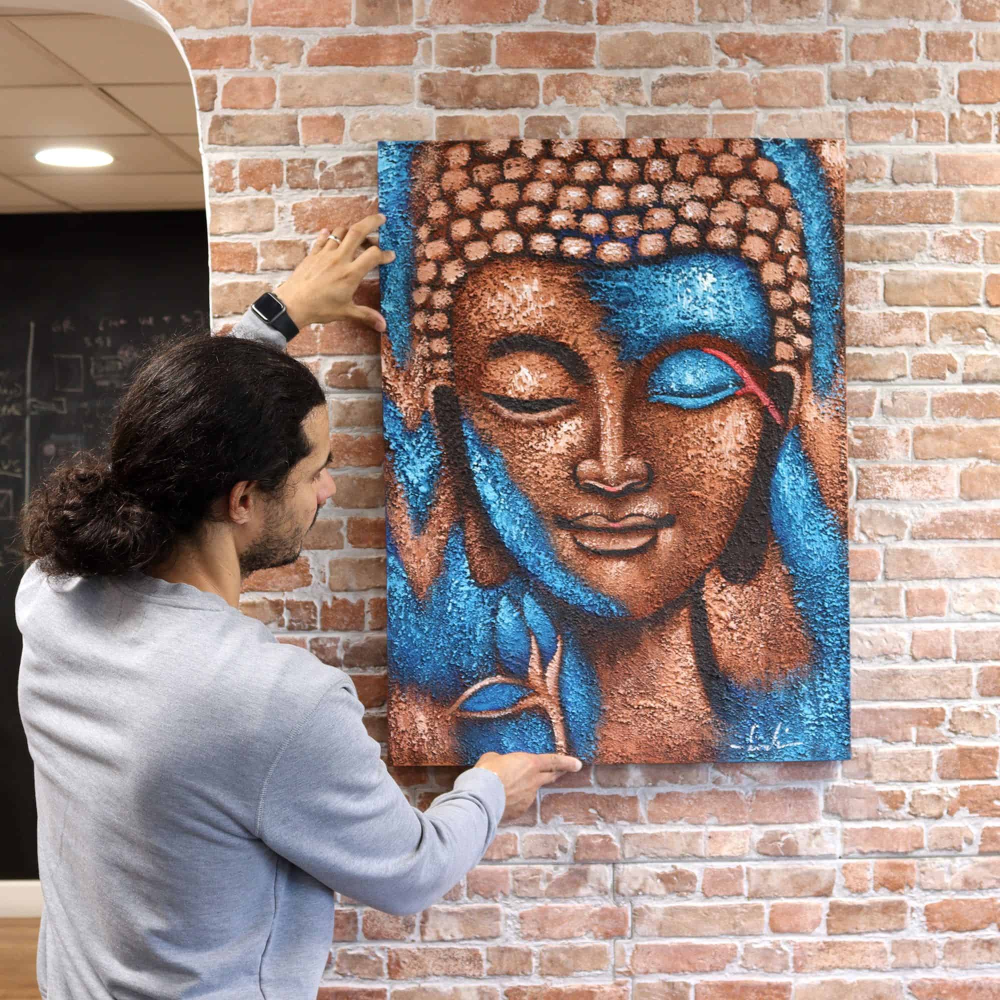 Blue And Gold Buddha Painting -  Flowers 75x55cm - Image 3