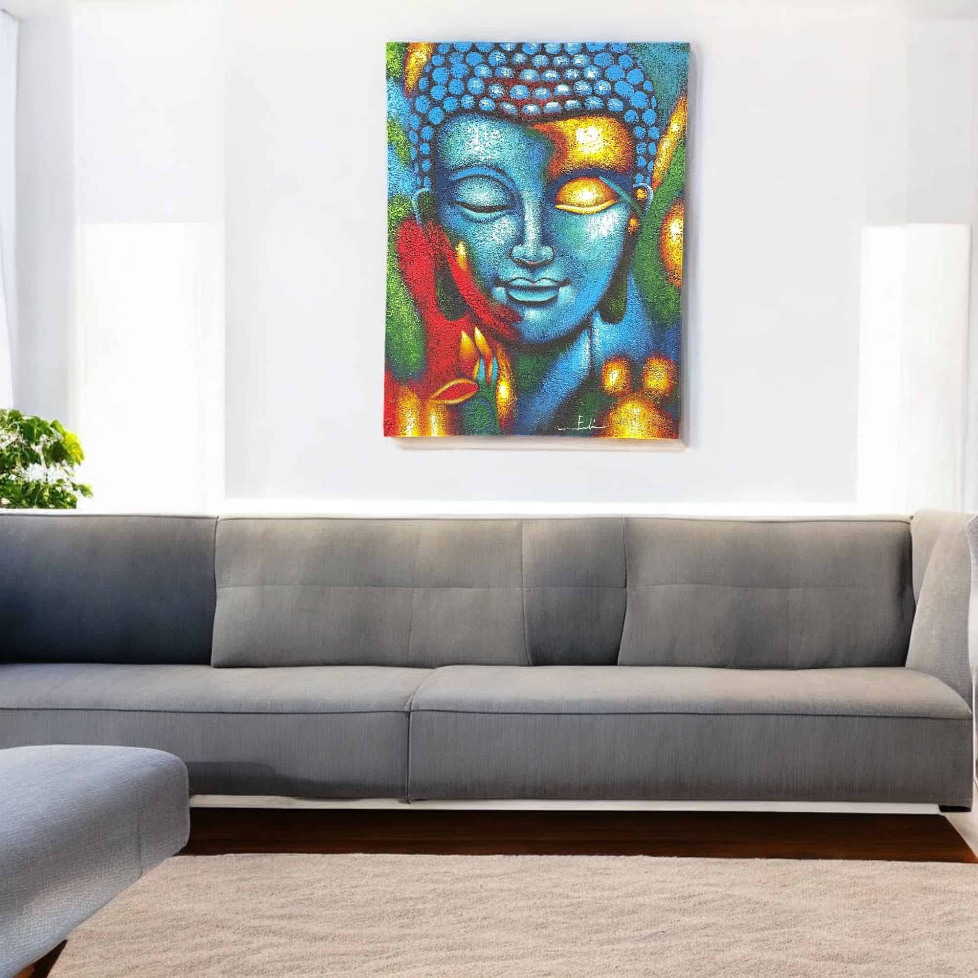 Blue And Gold Buddha Painting -  Flowers 75x55cm - Image 2