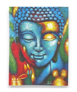 Blue and Gold Buddha Painting with floral design, 75x55cm canvas, mounted on wooden frame, ready to hang.