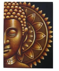 Image of a Buddha Mandala Picture featuring a gold half Buddha face with mandala detail, printed on canvas, framed in Albasia wood, 60x80cm.