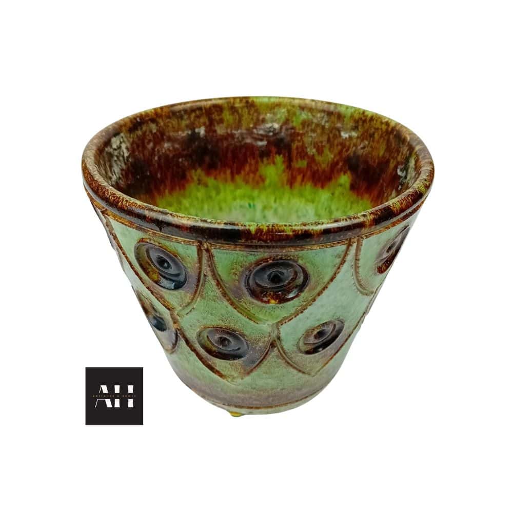 Image of a Vintage Jaffe Rose Plant Pot with green and brown glazes, ring-and-dot pattern, original Jaffe Rose label, and Italy stamp to base.