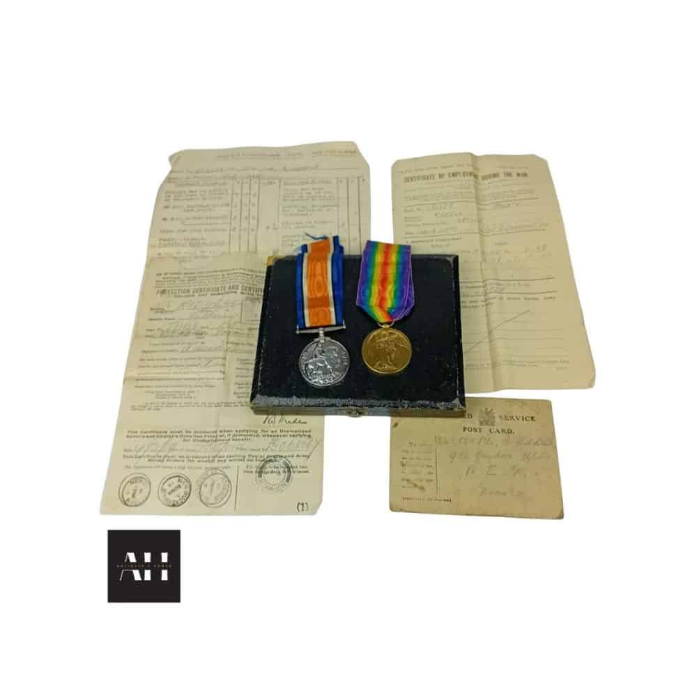 Image of First World War Medals – British War Medal and Victory Medal with ribbons, box, and service papers awarded to PTE Arthur Kiddel.