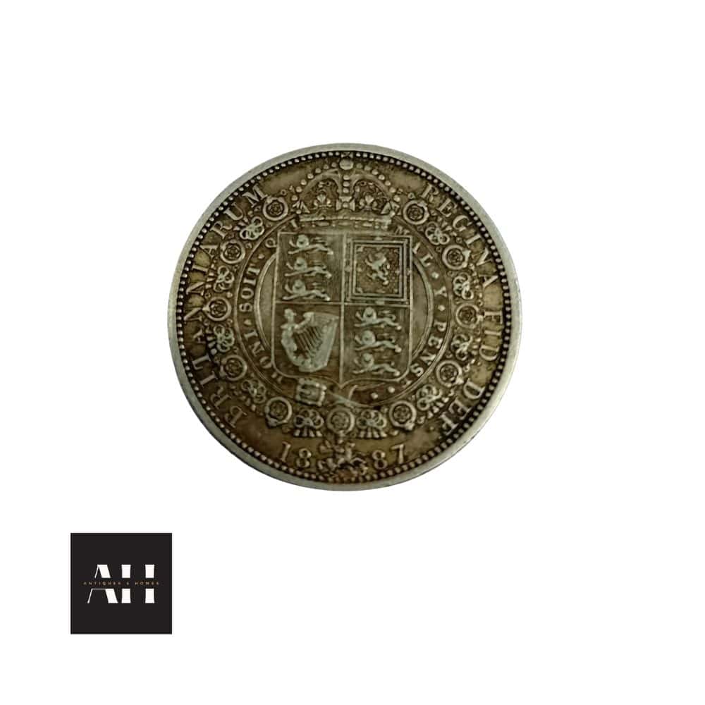 Reverse of 1887 Half Crown silver coin with crowned shield design and fine detail
