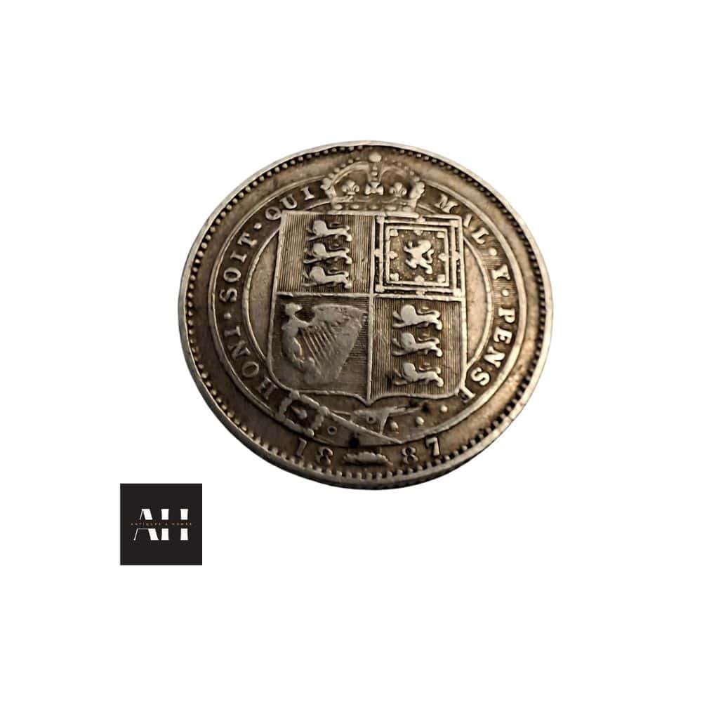 1887 Shilling, macro images of Victorian silver coin with Jubilee portrait and clear detail