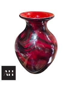 Red Studio Glass Vase, opaque cherry red hand-blown studio glass with black marbling, mid 20th century, good vintage condition.
