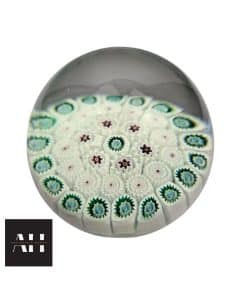 White Millefiori Paperweight, Murano art glass with five concentric rows of white floral canes, possibly Fratelli Toso, bright and clear vintage condition.
