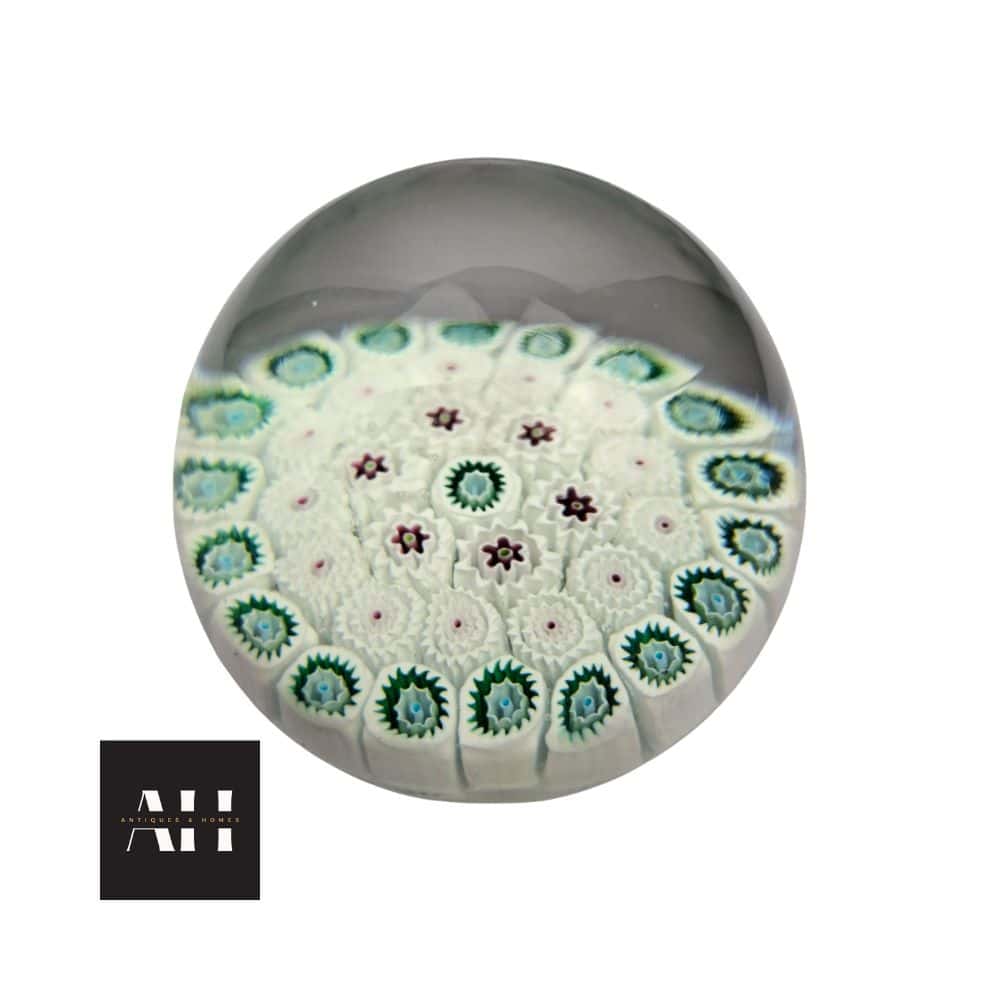 White Millefiori Paperweight, Murano art glass with five concentric rows of white floral canes, possibly Fratelli Toso, bright and clear vintage condition.