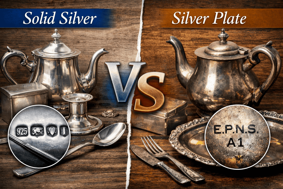 Comparison of solid silver and silver plate items showing hallmarks, surface wear, and differences in finish