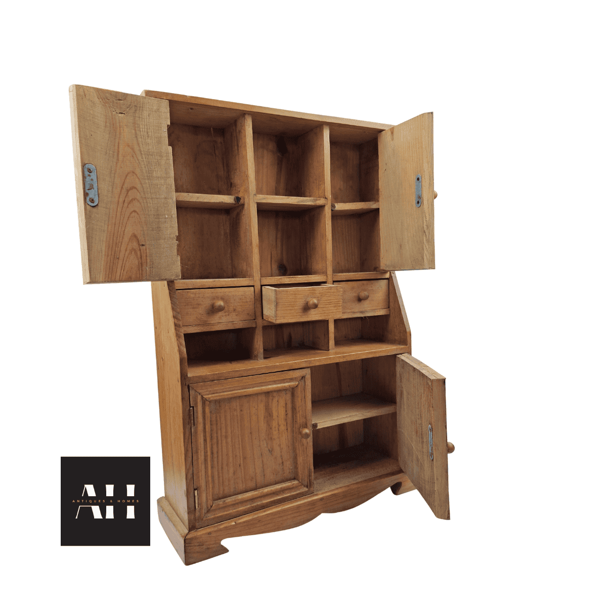 miniature pine dresser with doors open showing interior and available storage space