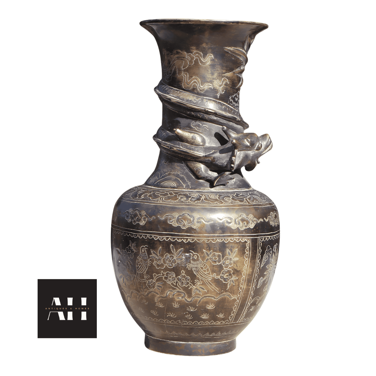 Chinese Brass Dragon Vase front view showing dragon chasing flaming pearl motif and dark aged patina