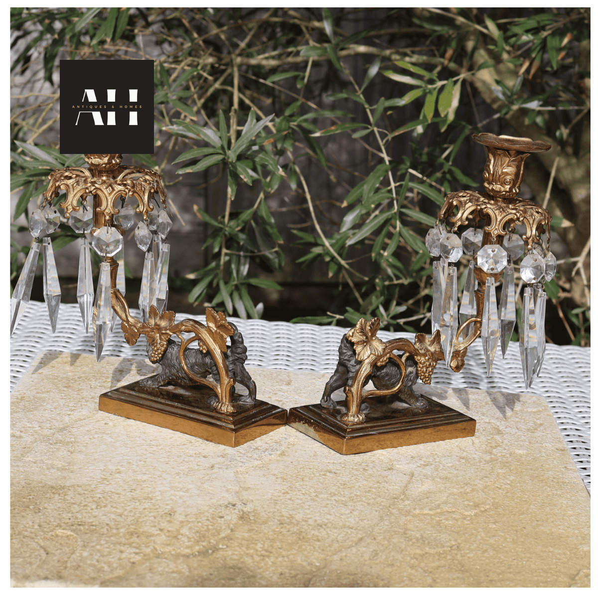 Gilt metal rococo style upper structure of rear view Antique Gilt Spaniel Candelabra with vine and scroll detailing