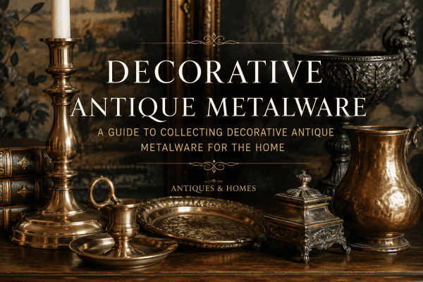 Collection of decorative antique metalware including brass candlesticks, copper jug, engraved brass tray and antique desk accessories displayed in a traditional period interior.