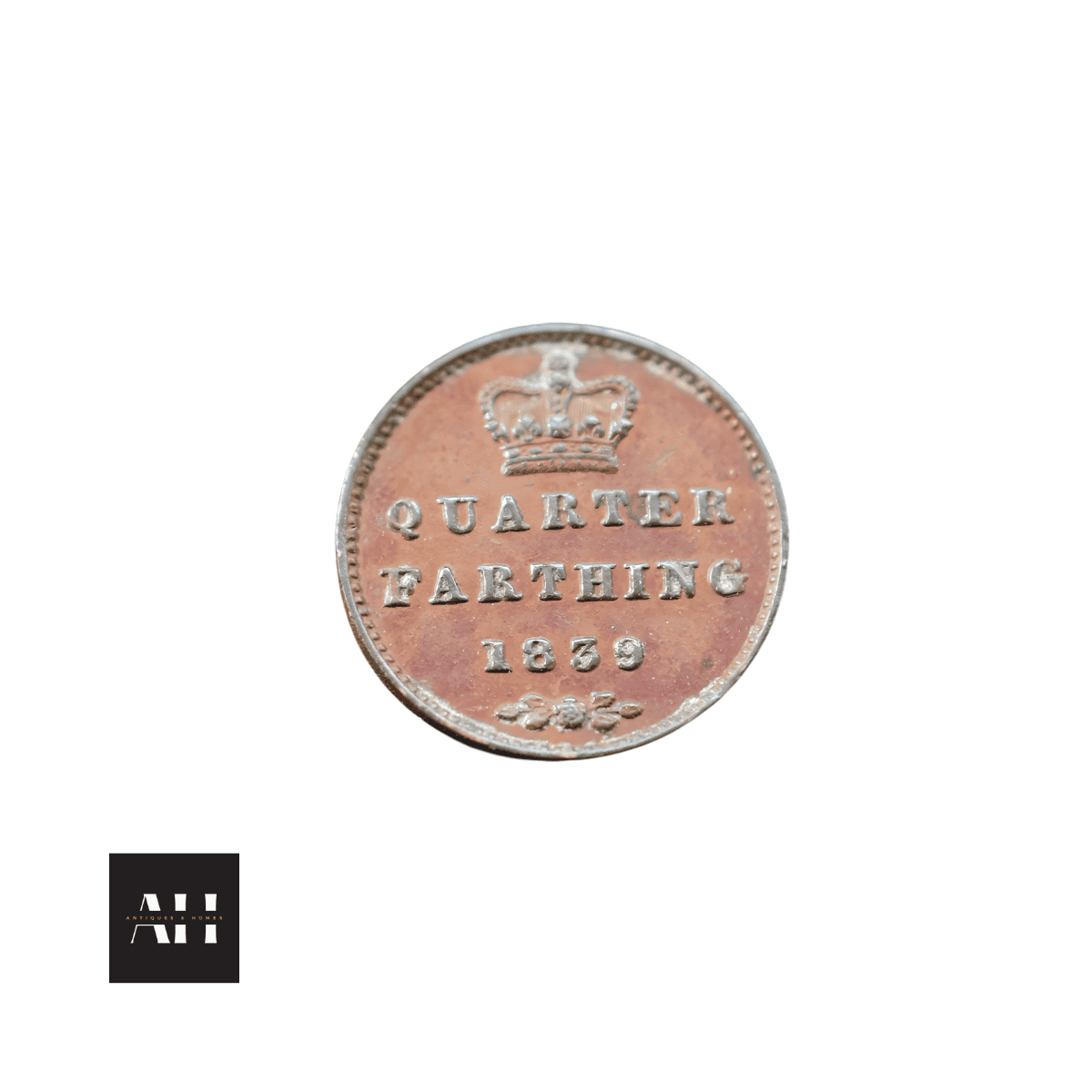 1839 quarter farthing copper coin showing Queen Victoria young head and clear legends