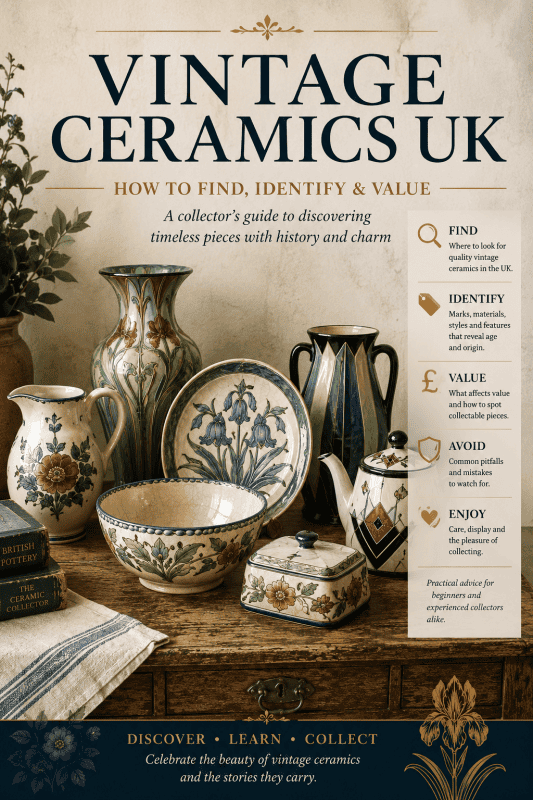 Editorial-style feature spread showcasing vintage British ceramics, pottery and decorative porcelain displayed in a beautifully styled antique interior.