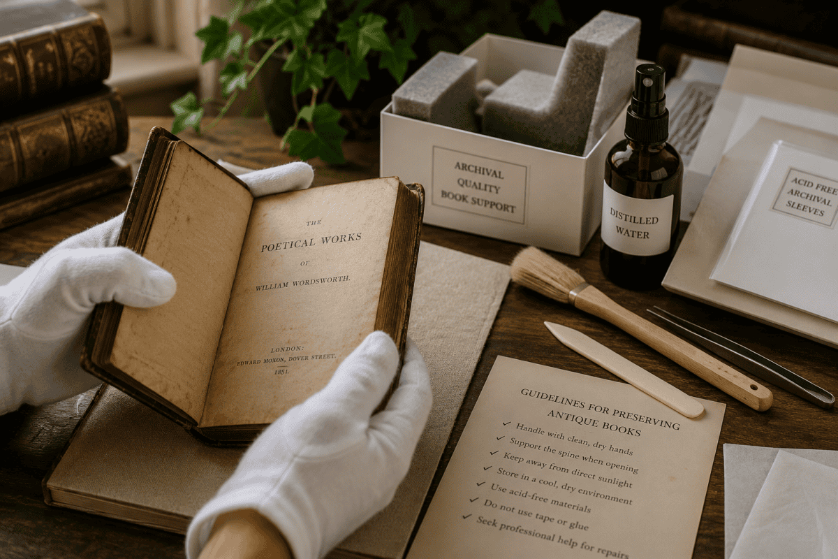 preserving antique books using archival conservation methods with gloved hands handling a rare antique volume