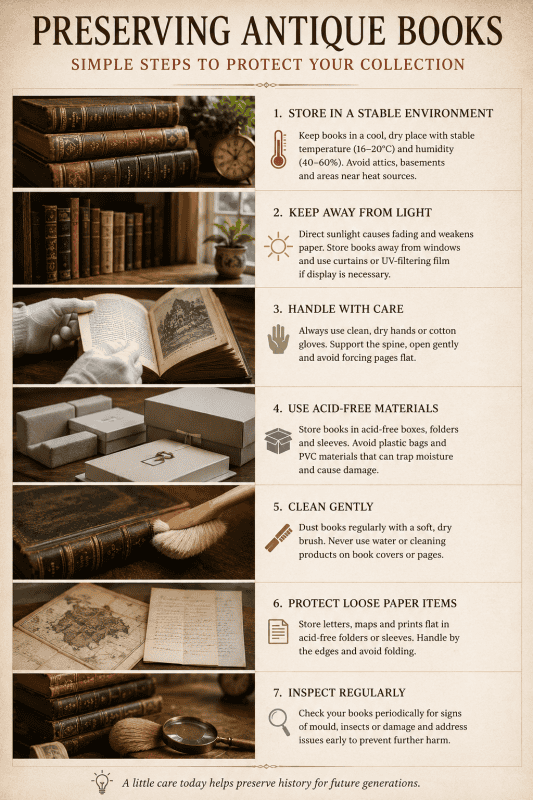 preserving antique books infographic showing storage handling cleaning and conservation tips for antique books and paper collections